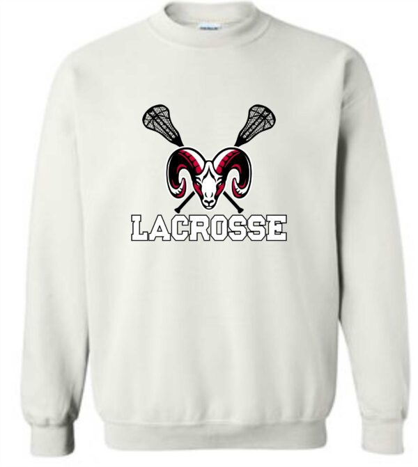 White sweatshirt with lacrosse ram logo.