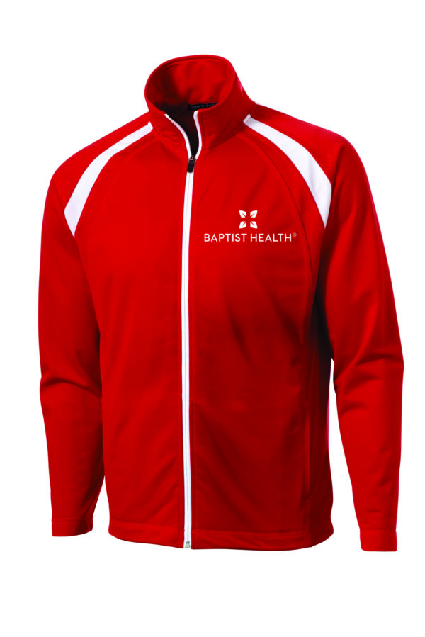 Red and white zippered jacket with Baptist Health logo.