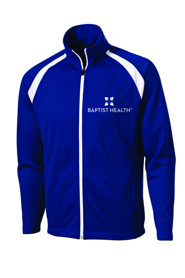 Blue and white Baptist Health zip-up jacket.