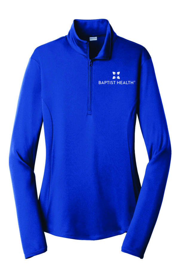 Blue long-sleeve shirt with Baptist Health logo.