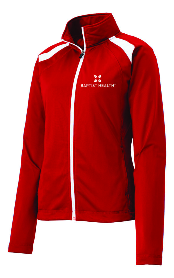 Red zippered jacket with Baptist Health logo.