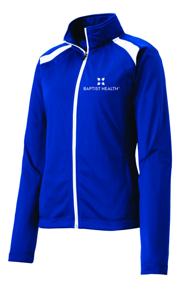 Blue and white Baptist Health jacket.