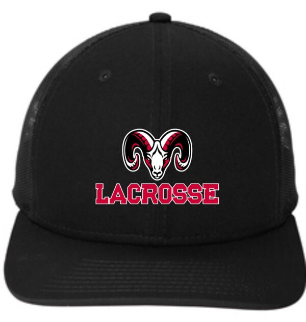 Black lacrosse hat with ram logo.