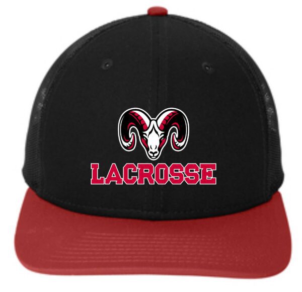 Black and red lacrosse hat with ram logo.