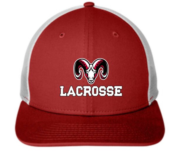 Red lacrosse hat with ram logo.