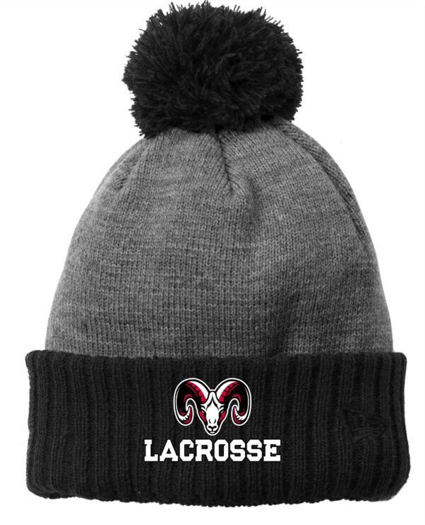 Gray and black lacrosse beanie with pom pom.