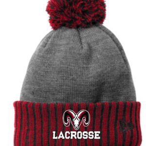 Gray and red knit beanie with ram logo.