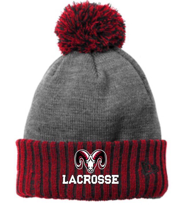 Gray and red knit beanie with ram logo.