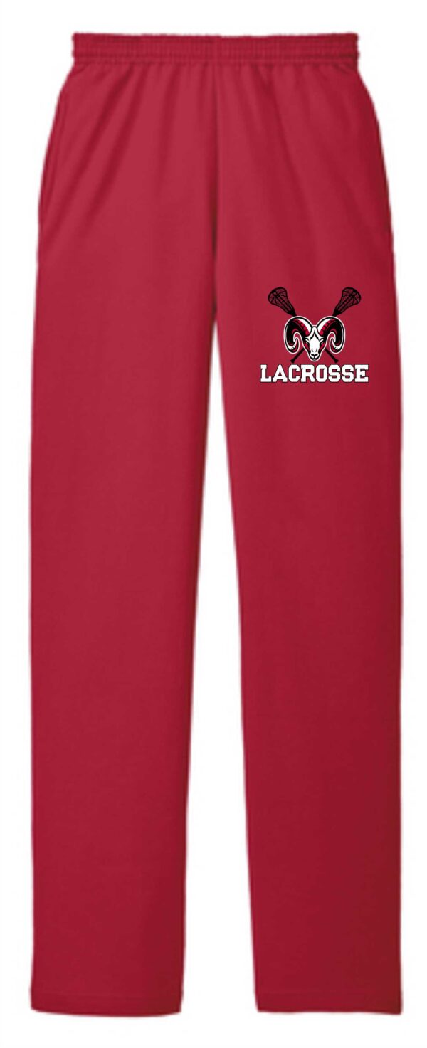 Red lacrosse sweatpants with ram logo.