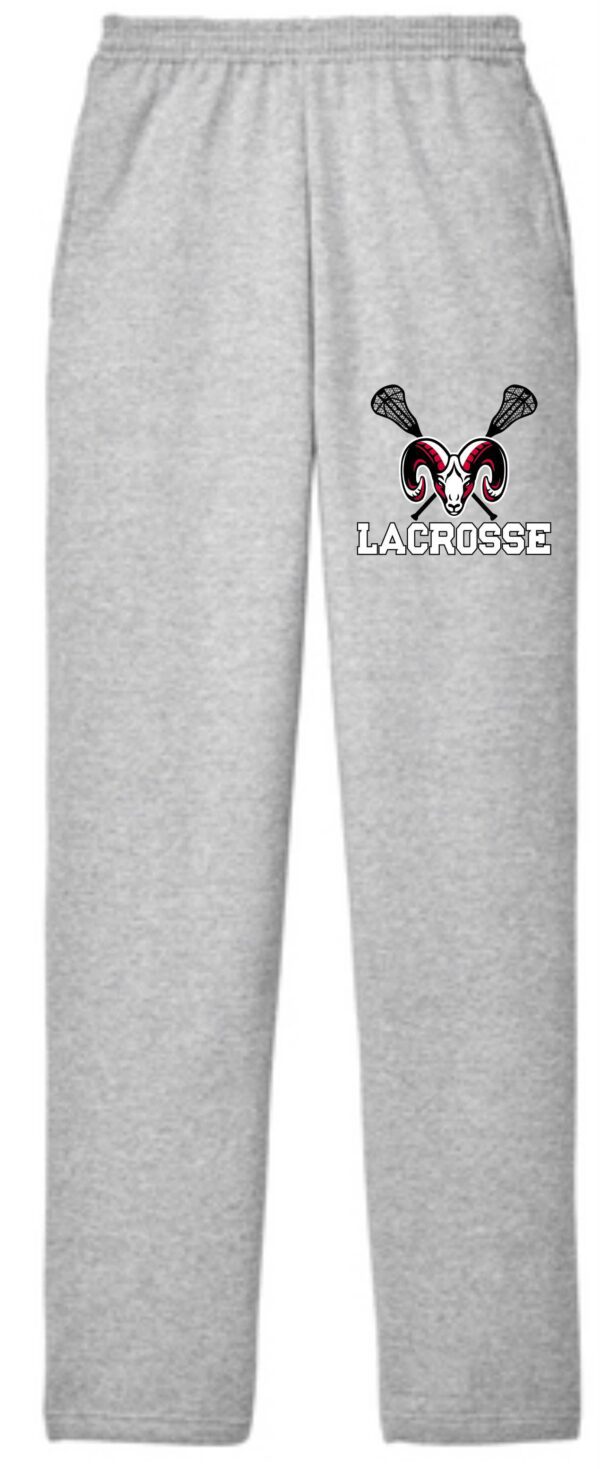 Gray lacrosse sweatpants with ram logo.