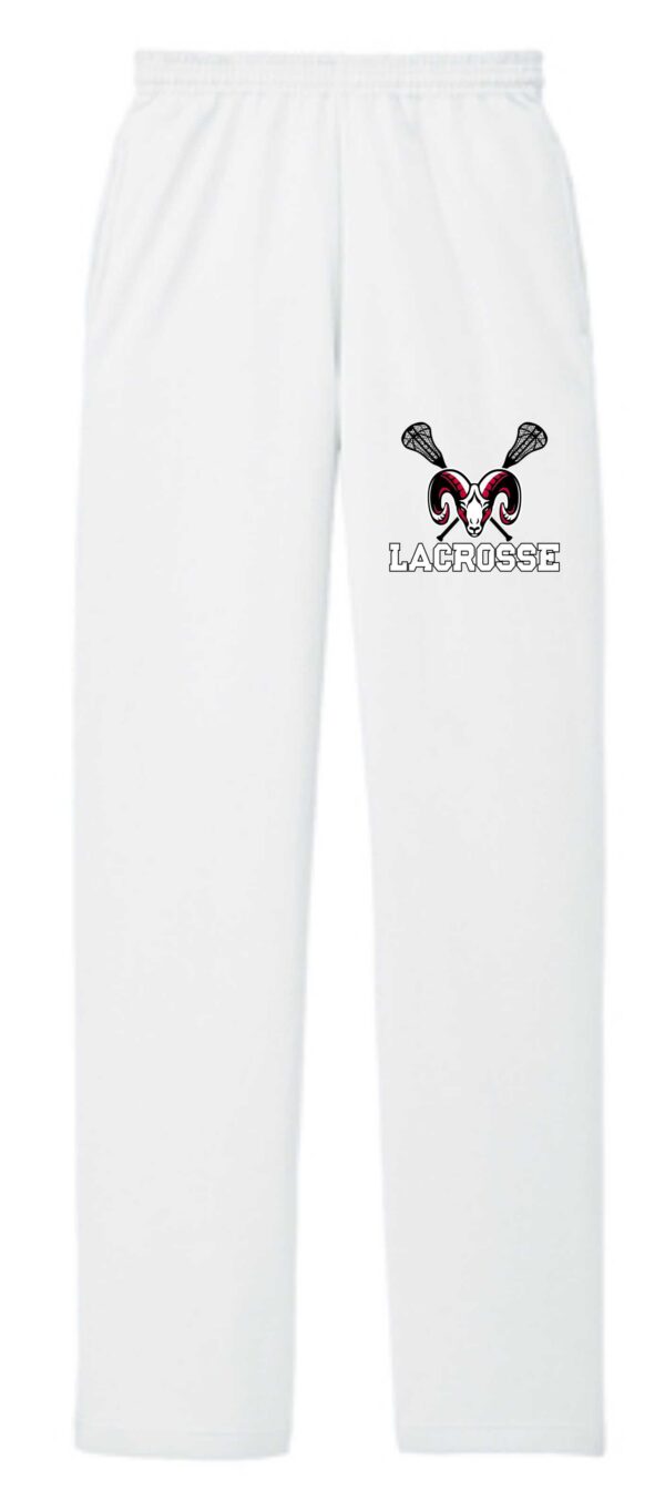 White lacrosse sweatpants with ram logo.