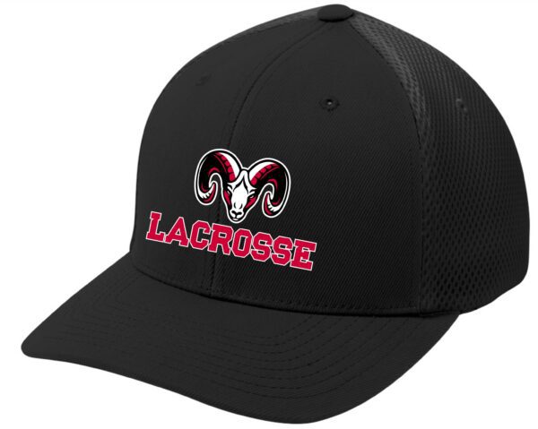 Black lacrosse hat with ram logo.