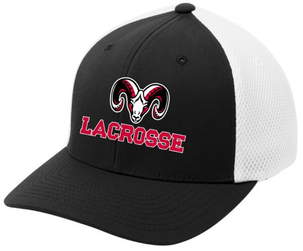 Black lacrosse hat with ram logo.