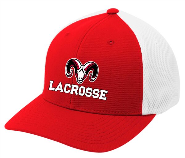 Red and white lacrosse hat with ram logo.