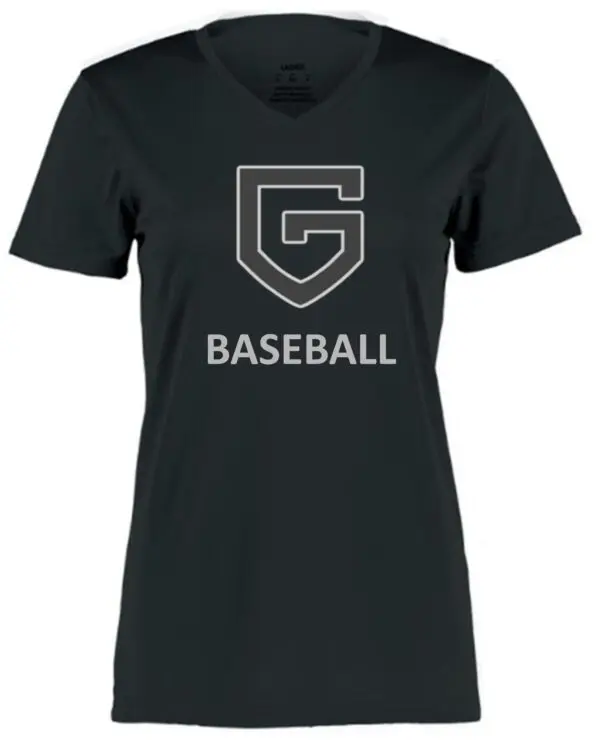 Black women's baseball shirt with G logo.