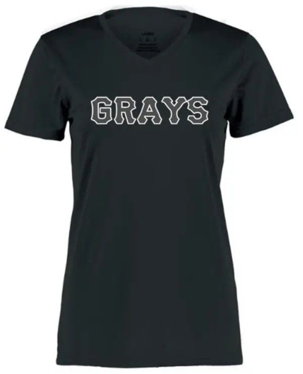 Black v-neck t-shirt with Grays logo.