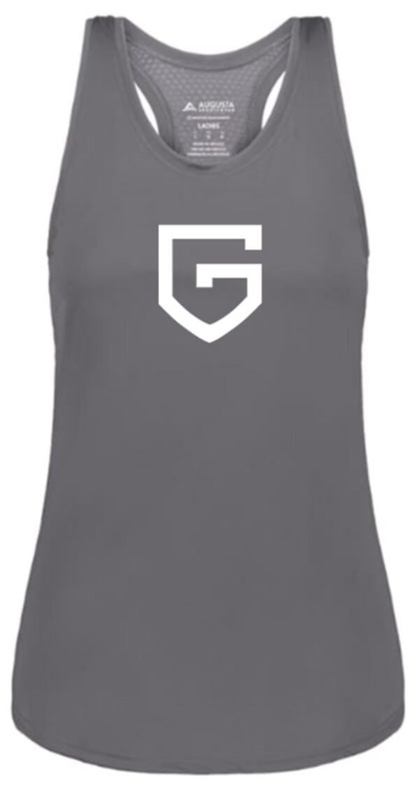 Gray tank top with white "G" logo.