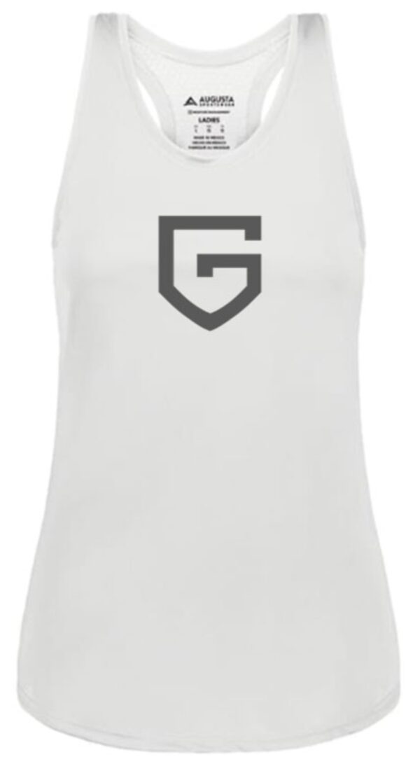 White tank top with a grey 'G' logo.