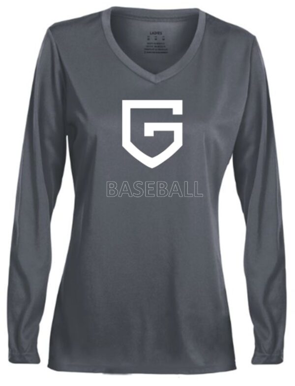 Gray long-sleeve baseball shirt with "G" logo.