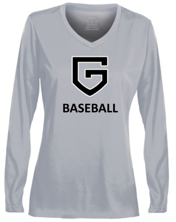 Gray long-sleeve baseball shirt with 'G' logo.