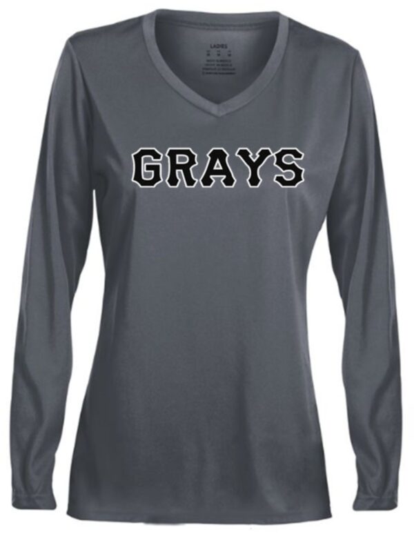 Gray long-sleeved shirt with Grays logo.