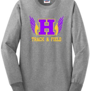 Grey long sleeve shirt with H track and field logo.