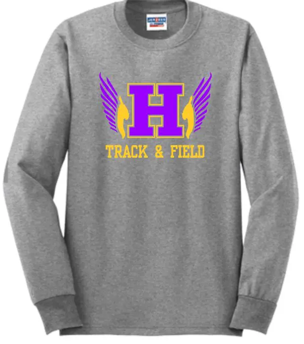 Grey long sleeve shirt with H track and field logo.