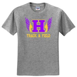 Grey t-shirt with purple "H" and wings.