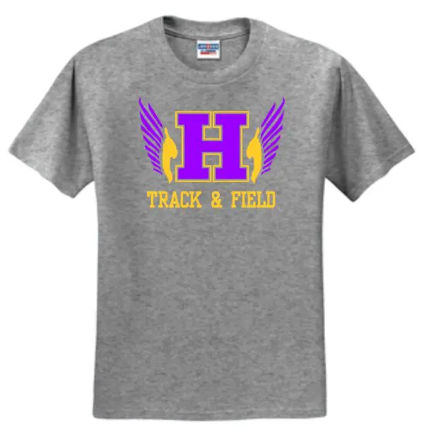 Grey t-shirt with purple "H" and wings.