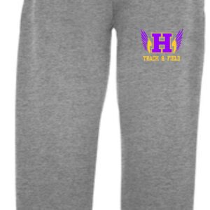 Gray sweatpants with track and field logo.