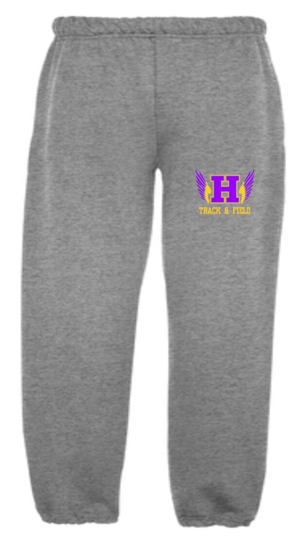 Gray sweatpants with track and field logo.