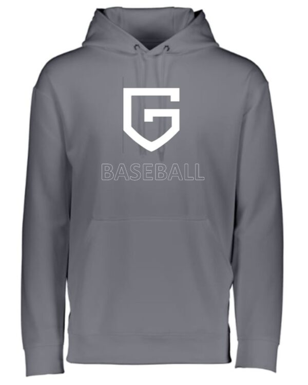 Gray hooded sweatshirt with 'G' baseball logo.