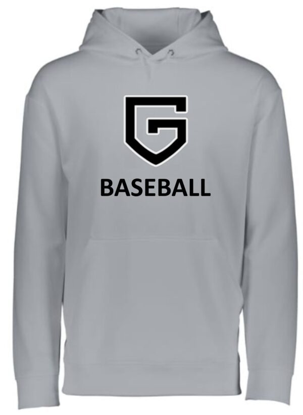 Gray baseball hoodie with a "G" logo.