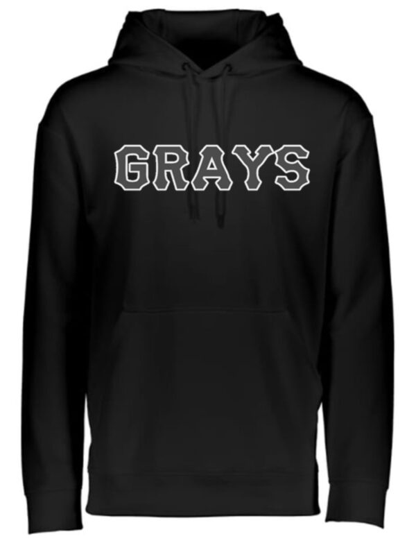 Black hooded sweatshirt with "Grays" logo.