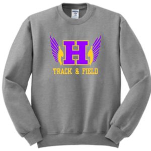 Gray sweatshirt with purple H and wings.