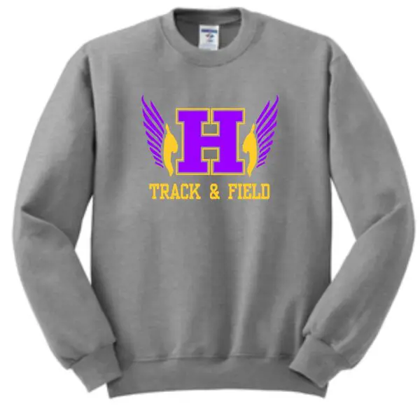 Gray sweatshirt with purple H and wings.