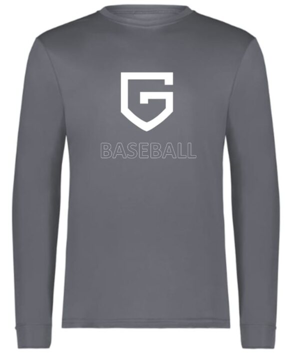 Gray long-sleeve shirt with "G" and "BASEBALL" logo.