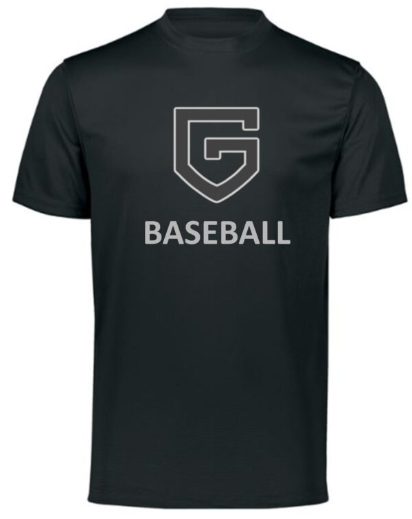 Black baseball shirt with a 'G' logo.