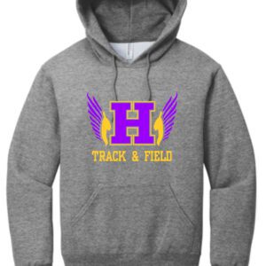 Grey hoodie with winged H track and field logo.