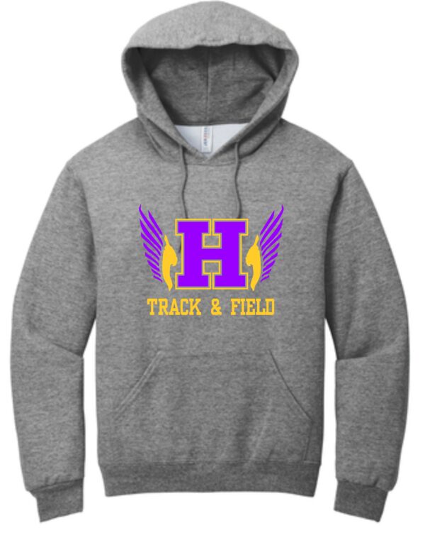 Grey hoodie with winged H track and field logo.