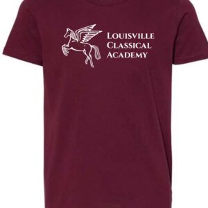 Burgundy t-shirt with Louisville Classical Academy logo.