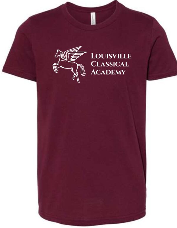 Burgundy t-shirt with Louisville Classical Academy logo.