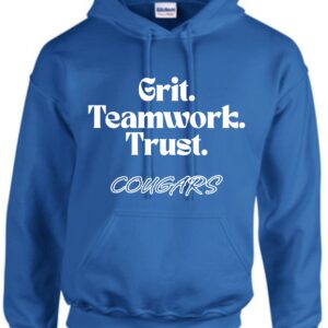 Blue hoodie with "Grit. Teamwork. Trust."