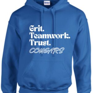 Blue Cougars hoodie with "Grit, Teamwork, Trust"