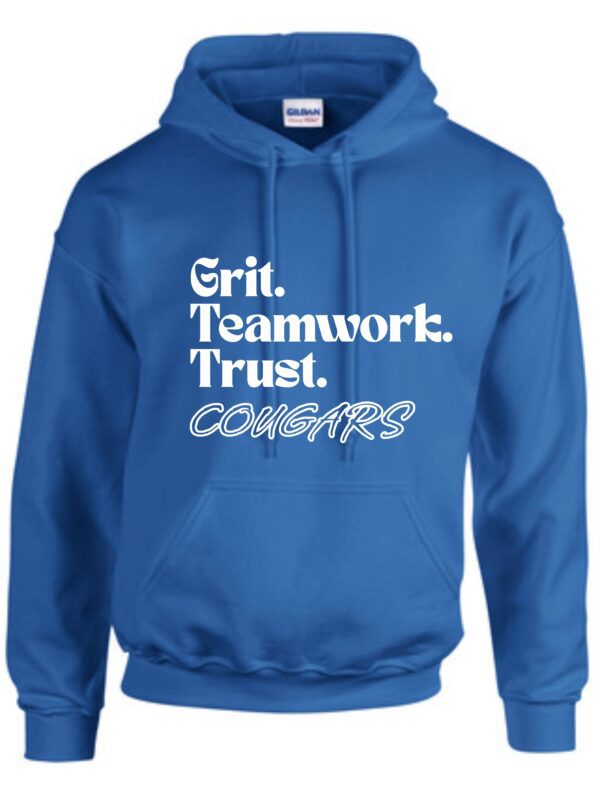 Blue Cougars hoodie with "Grit, Teamwork, Trust"