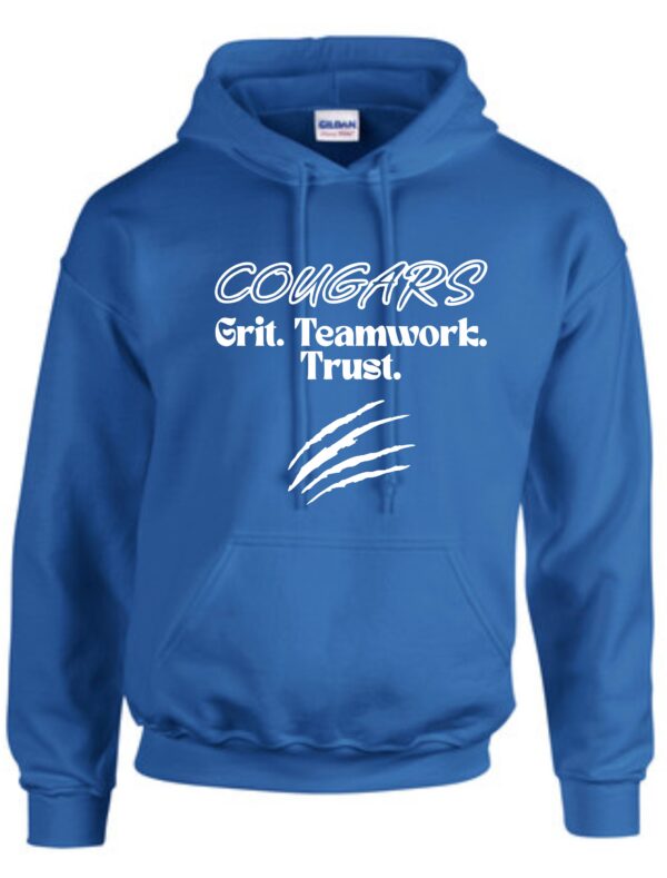 Blue Cougars hoodie with claw marks.