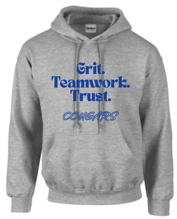 Grey Cougars hoodie with "Grit. Teamwork. Trust."