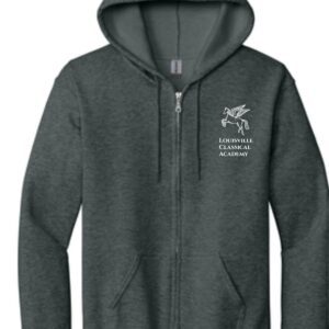 Dark gray zip-up hoodie with logo.