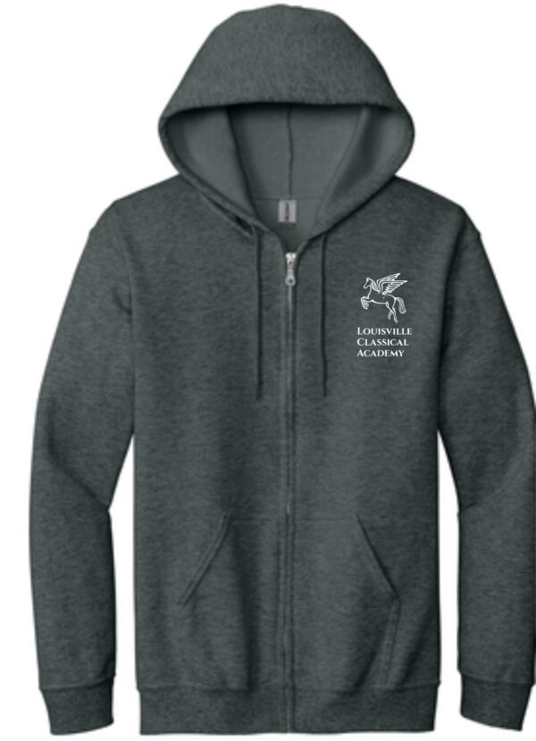 Dark gray zip-up hoodie with logo.