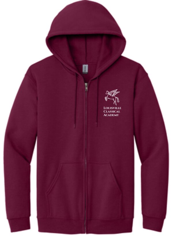 Burgundy zip-up hoodie with school logo.